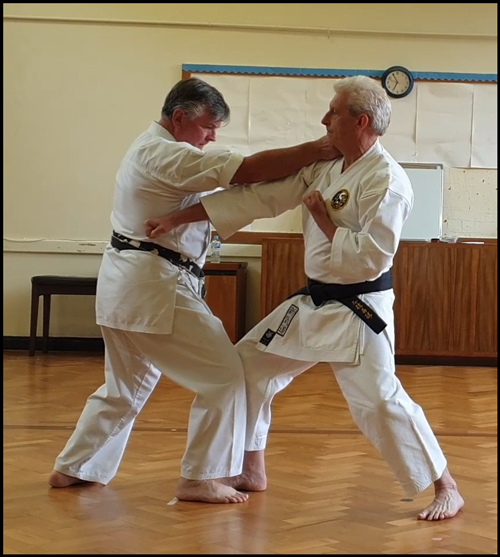 Ippon Kumite No.2 in Wadō-Ryū Karate showing gedan barai, elbow control, jodan zuki, gyaku zuki and kuzushi