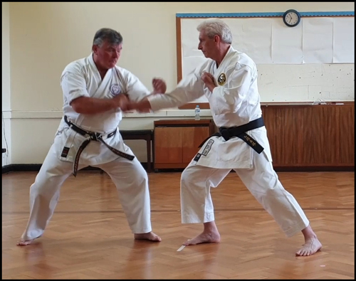 Ippon Kumite No.3 in Wadō-Ryū Karate showing ura gedan barai, circular arm movement from Pinan Nidan, otoshi uchi, cover, and hidari gyaku zuki